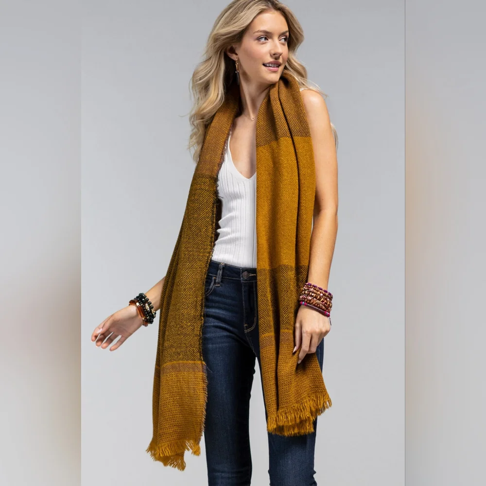 Textured Scarf w/ Multiple Tones & Frayed Edge in Mustard / Brown - Picture 4 of 5